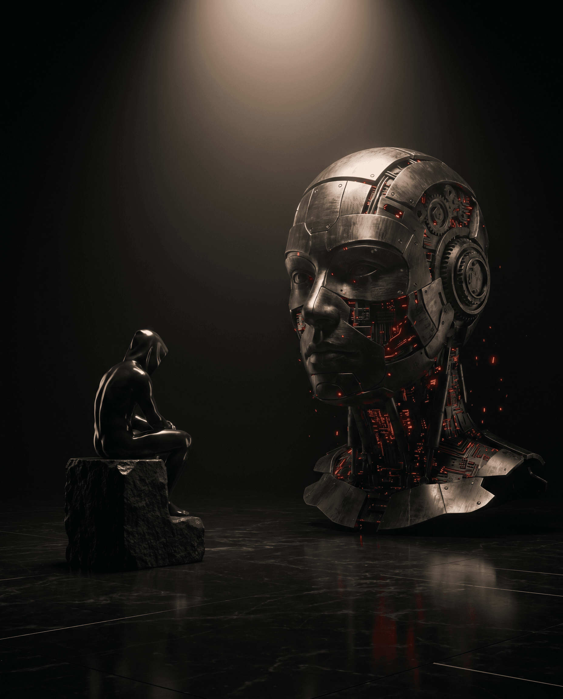 A small obsidian thinker statue facing a towering mechanical head glowing with red circuitry