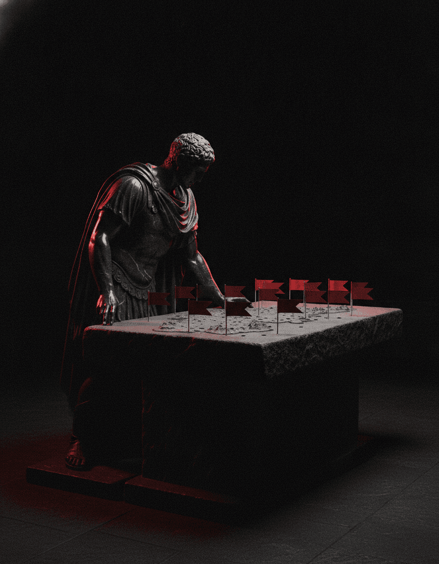 A black marble statue of a strategist studying a campaign map marked with crimson flags